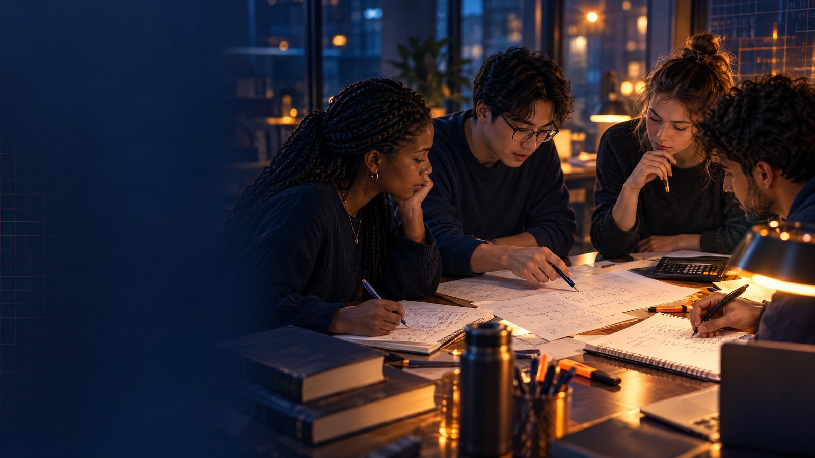 University students working together on study questions at a desk